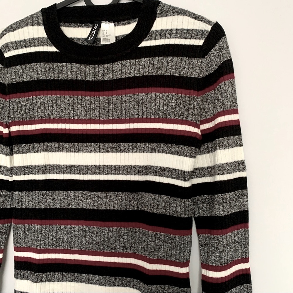 Fall Winter Ribbed Striped Fitted Long Sleeve Crew Neck Top in Multicolor (S)